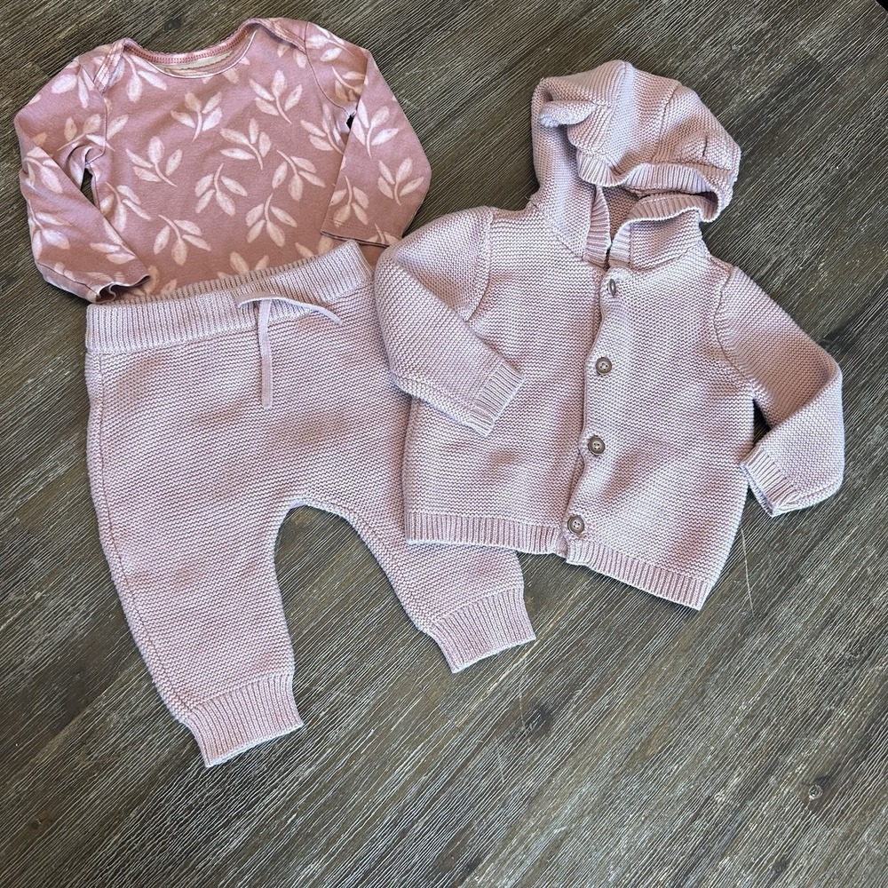 Carter's Just One You 3 Pc Baby Girl Outfit Set Pink Knit Hooded Cardigan 9 Mths